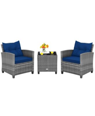 3PCS Patio Rattan Furniture Bistro Set Cushioned Sofas Side Table Armrest