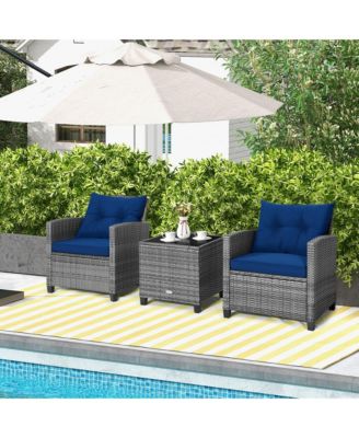 3PCS Patio Rattan Furniture Bistro Set Cushioned Sofas Side Table Armrest