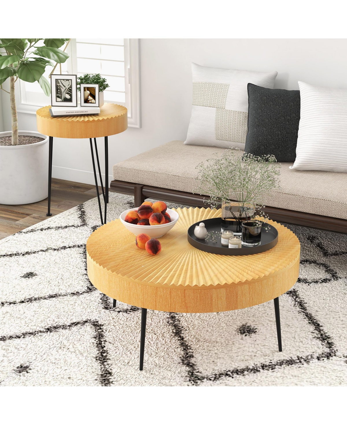 Costway Farmhouse Round Coffee Table Set of 2 End TableFinish for Living Room - Natural