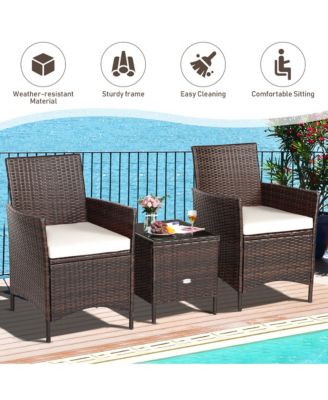 3PCS Patio Rattan Furniture Set Cushioned Sofa Glass Tabletop Deck