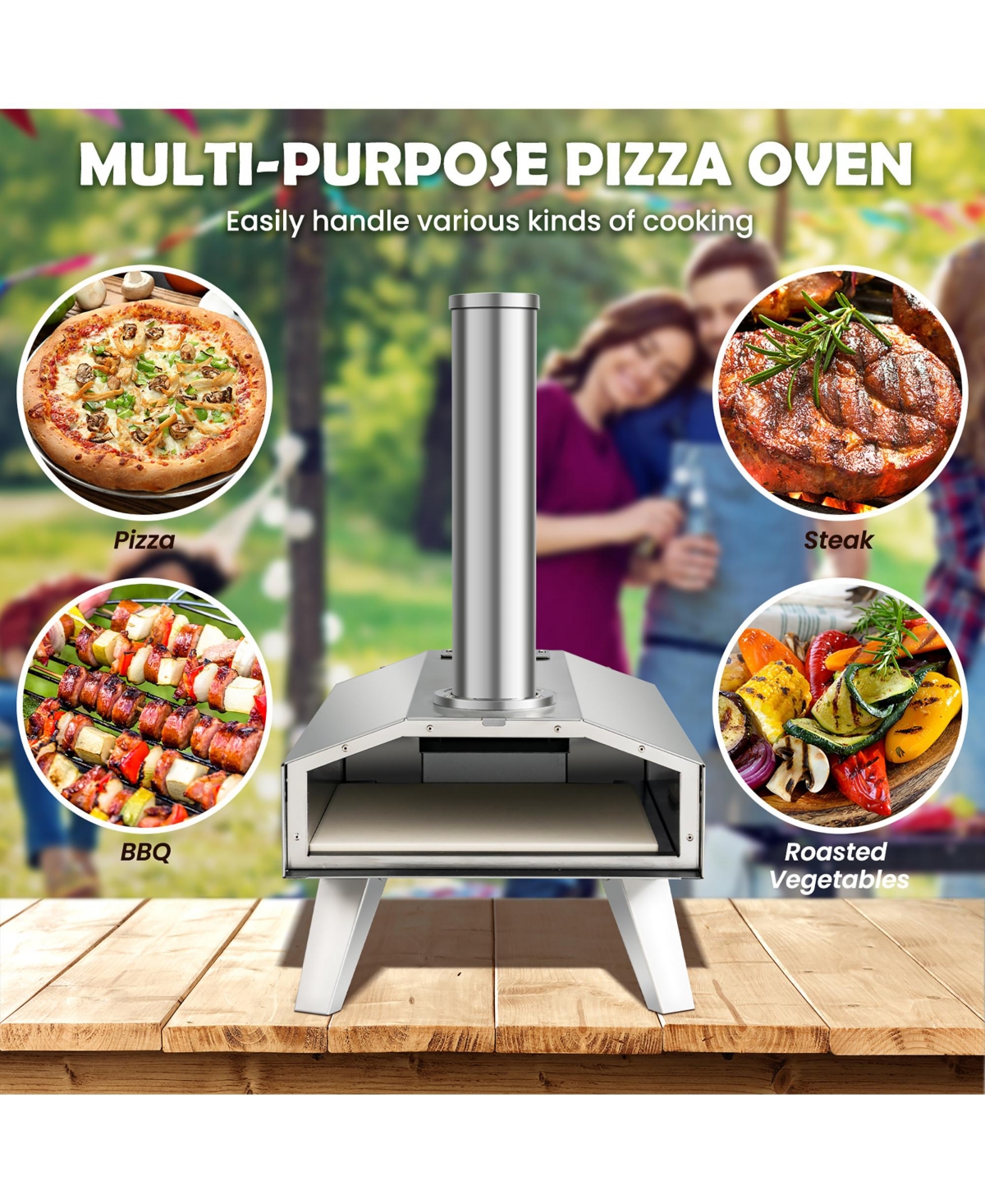 Costway Wood Pellet Pizza Oven Pizza Maker Portable Outdoor Pizza Stone w/ Foldable Leg