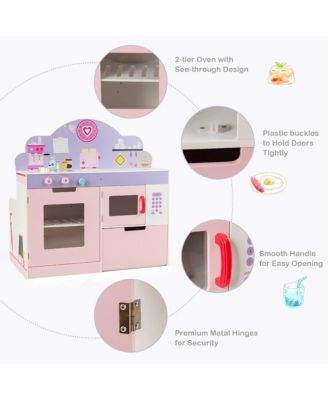 2 in 1 Kids Play Kitchen & Cafe Restaurant Wooden Pretend Cooking Playset Toy