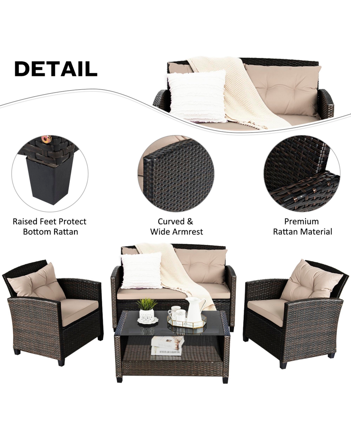 Gymax 4pcs Patio Rattan Conversation Set Cushioned Outdoor Furniture Set - Light beige+brown