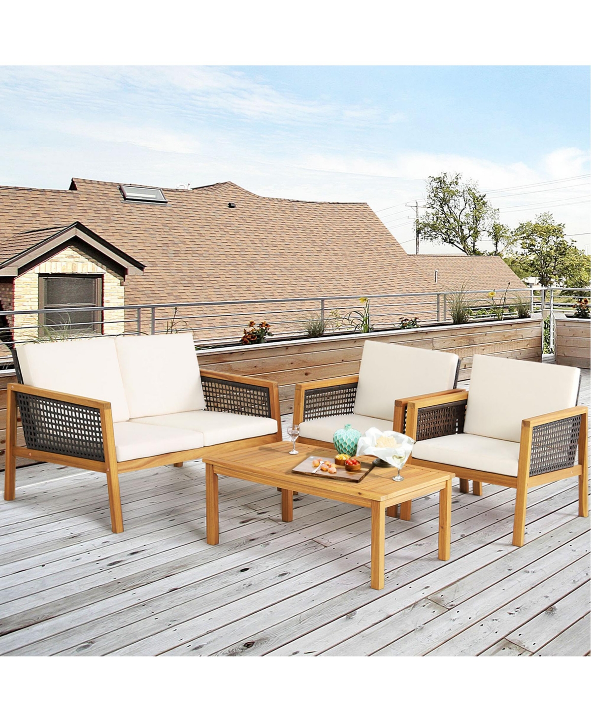 Gymax 4PCS Patio Acacia Wood Furniture Set Pe Rattan Conversation Set with Off White Cushions