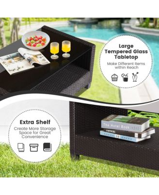 4PCS Outdoor Conversation Set Patio PE Rattan Set w/ Glass Table & Sofa Cushions