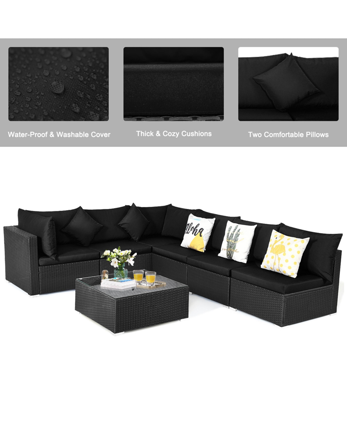 Gymax 7PCS Rattan Patio Conversation Set Sectional Furniture Set w/Cushion - Black