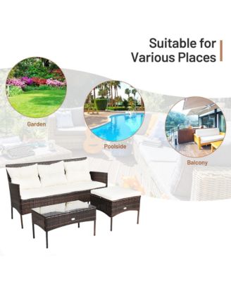 3PCS Patio Rattan Sectional Conversation Furniture Set w/ Off White Cushions