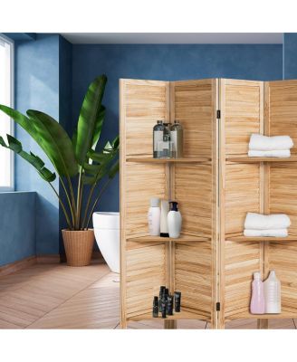 4 Panel Folding Room Divider Screen W/3 Display Shelves 5.6 Ft Tall