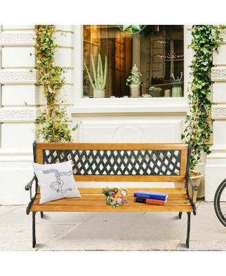 49 1/2'' Patio Park Garden Bench Porch Path Chair Outdoor Deck Cast Iron Hardwood