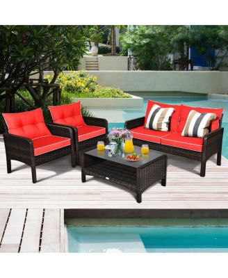 4PCS Patio Rattan Furniture Set Loveseat Sofa Coffee Table Garden
