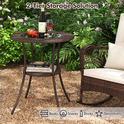 Round Rattan Wicker Coffee Table Glass Top Steel Frame Patio Furni W/Lower Shelf