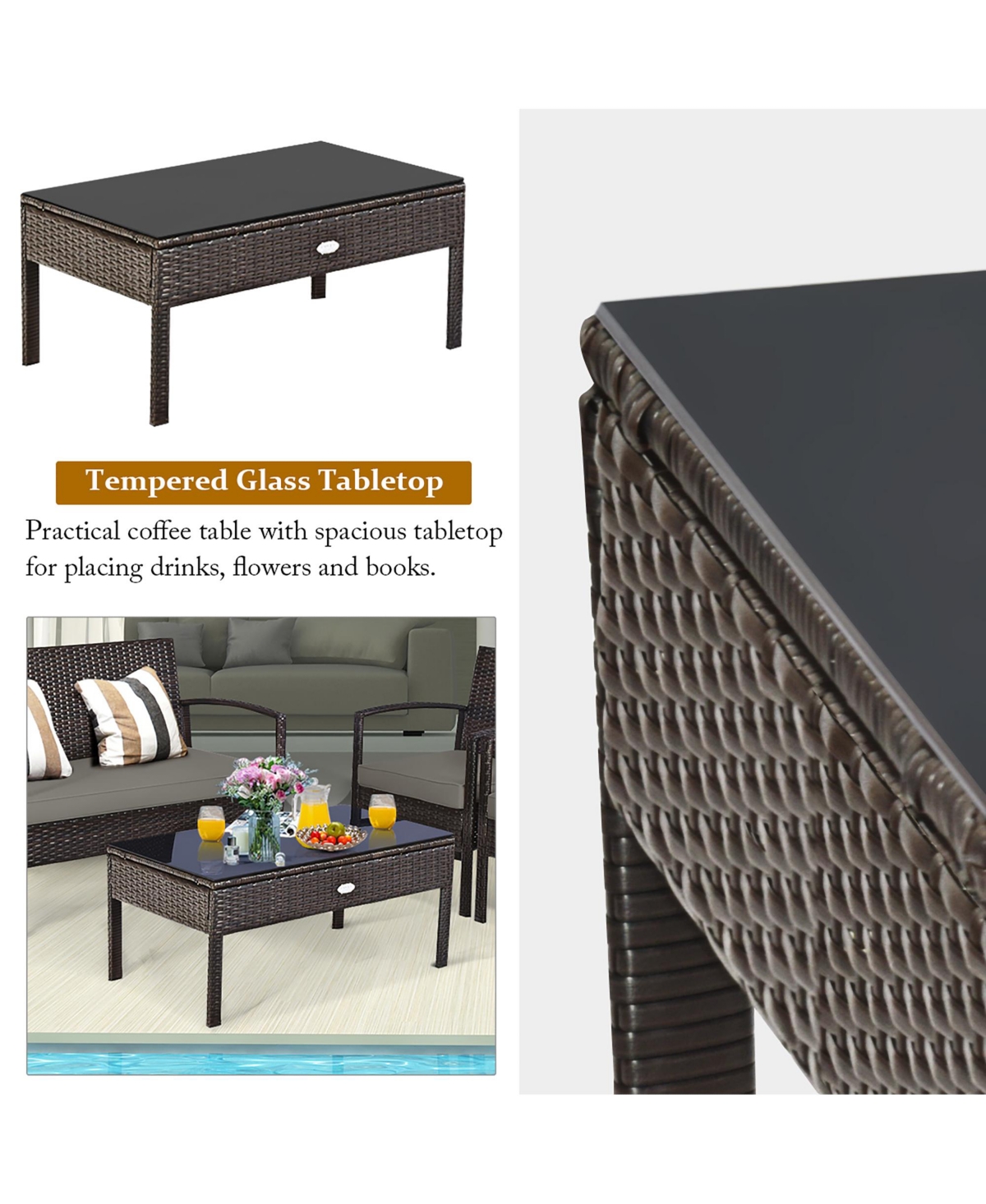 Costway 4PCS Patio Rattan Wicker Furniture Set Brown Loveseat Sofa