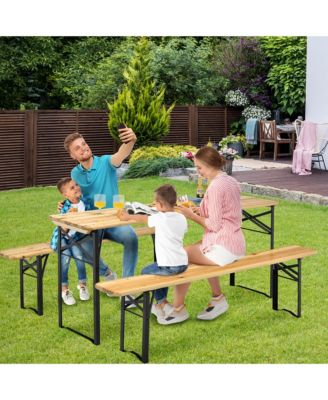 3 PCS Beer Table Bench Set Folding Wooden Top Picnic Table Patio Garden
