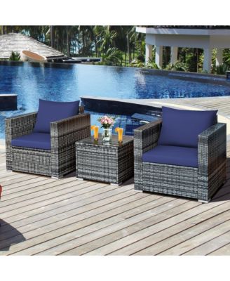 3 PC Patio Rattan Furniture Bistro Set Cushioned Sofa Chair Table