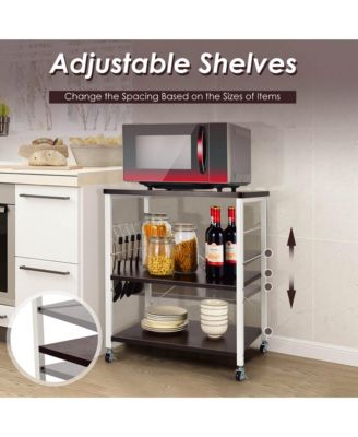 3-Tier Kitchen Baker s Rack with Adjustable Shelves, Hooks, and Lockable Wheels for Microwave and Utility Storage