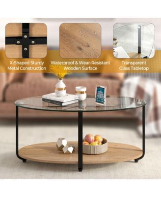 Glass-Top Coffee Table 2-Tier Modern Oval Side Sofa Table w/ Storage Shelf