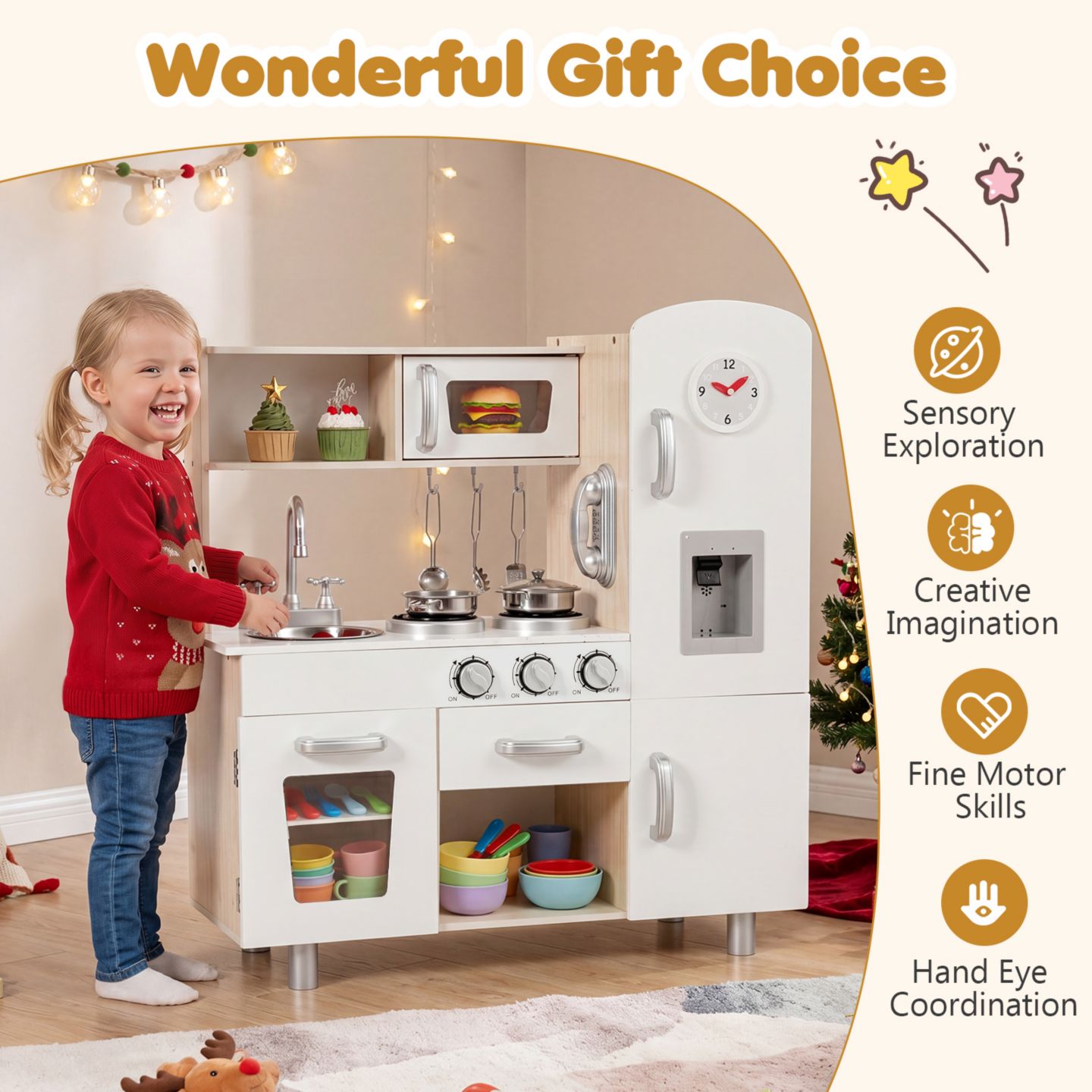 Детские игрушки Costway Water Dispenser 5-Piece Wooden Play Kitchen, от 3 лет, цвет: Белый — фото 10