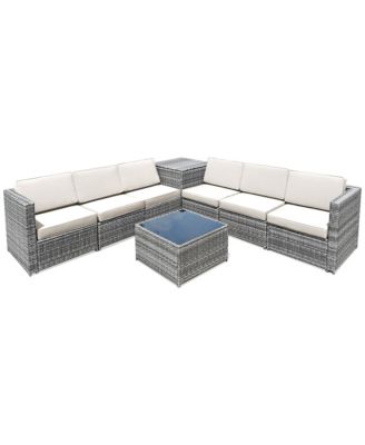8PCS Patio Rattan Sofa Sectional Conversation Furniture Set w/ White Cushion