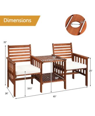 Acacia Wood Loveseat Patio Outdoor Conversation Set w/ Table White Cushion