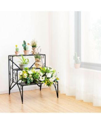 3-Tier Metal Plant Stand with Widened Grid Shelf for Porch Garden