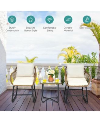 3-Piece Patio Bistro Set with 2 Rattan Chairs and Square Glass Coffee Table