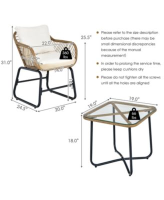 3-Piece Patio Bistro Set with 2 Rattan Chairs and Square Glass Coffee Table