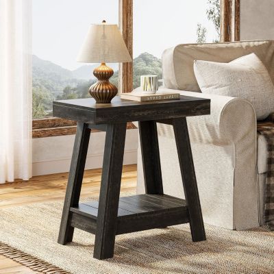 2-Tier Wooden End Table Set of 2, Farmhouse Small Sofa Side Table with Storage, Rustic Grey