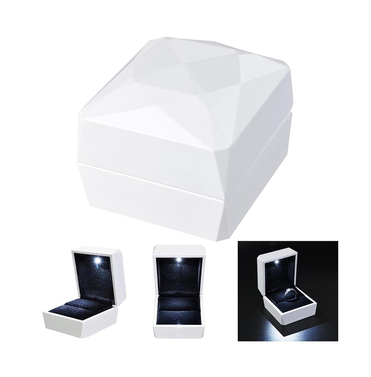 Led Light Diamond Ring Box White Velvet Jewelry Gift Wedding Proposal Engagement - White
