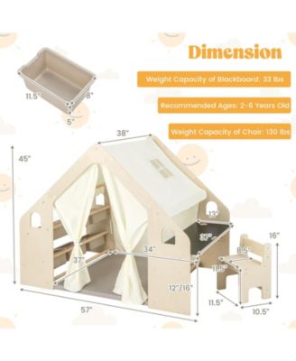 6-in-1 Kids Play Tent Playhouse with Blackboard 6 Storage Bins and Floor Cushion-Beige