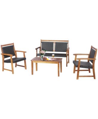 4PCS Patio Acacia Wood Conversation Set Outdoor Rattan Furniture Set