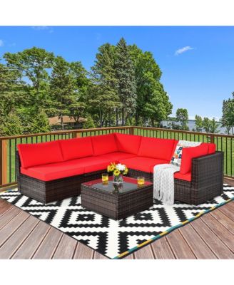 6PCS Rattan Outdoor Sectional Sofa Set Patio Furniture Set w/ Red Cushions