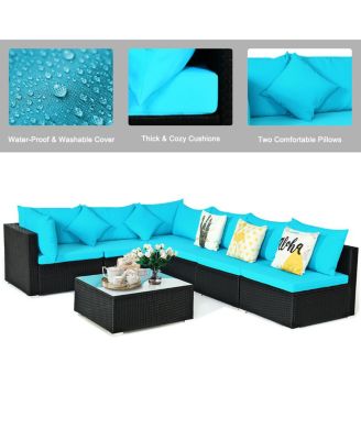 7PCS Rattan Patio Conversation Set Sectional Furniture Set w/ Blue Cushion