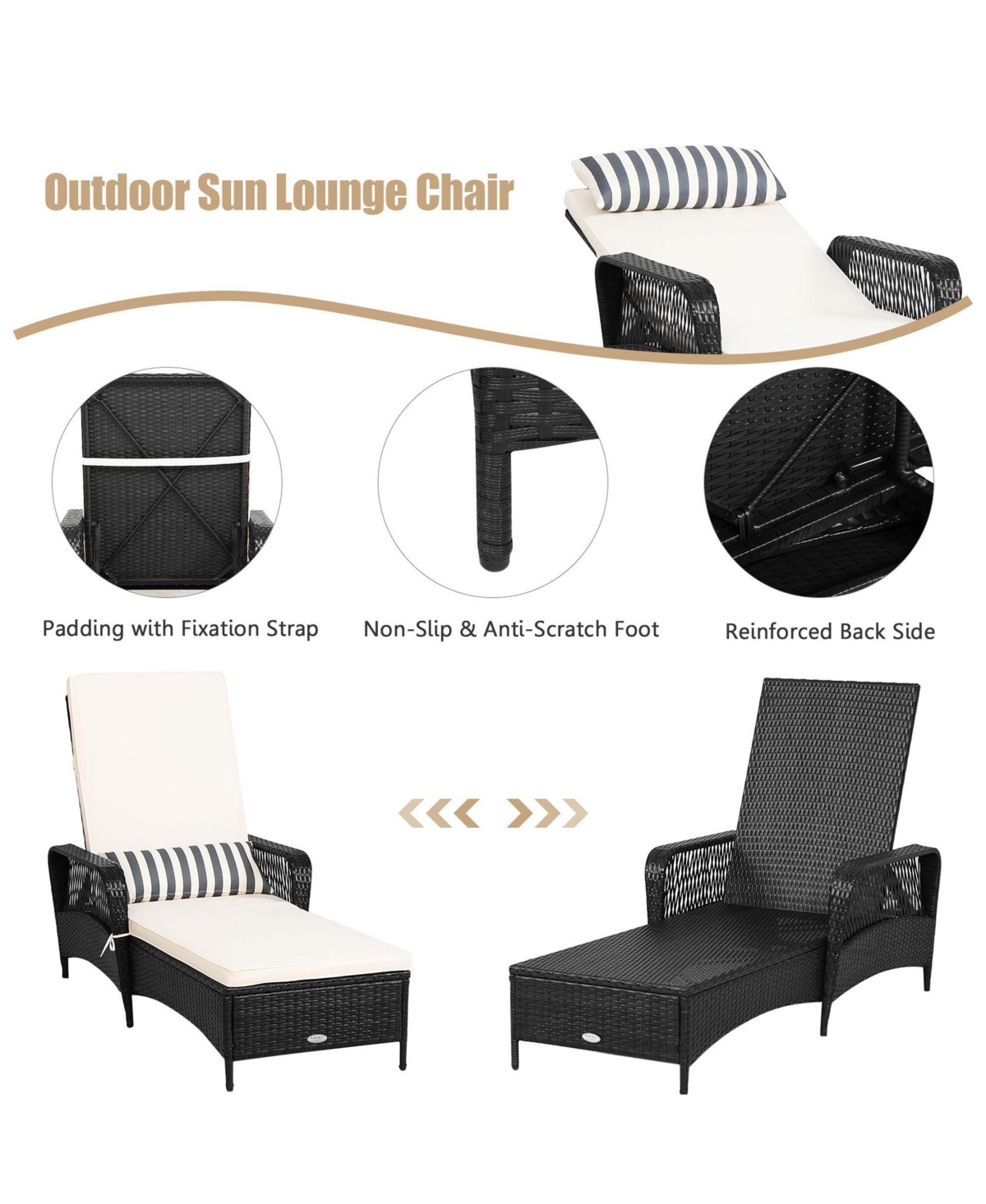 Gymax Set of 2 Adjustable Patio Rattan Lounge Chair Chaise Recliner w/ Cushion & Pillow - White+black