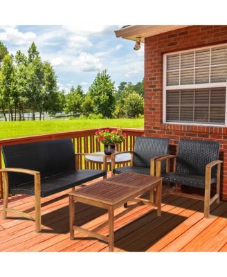 4PCS Patio Conversation Set Outdoor Furniture Set w/ Acacia Wood Frame