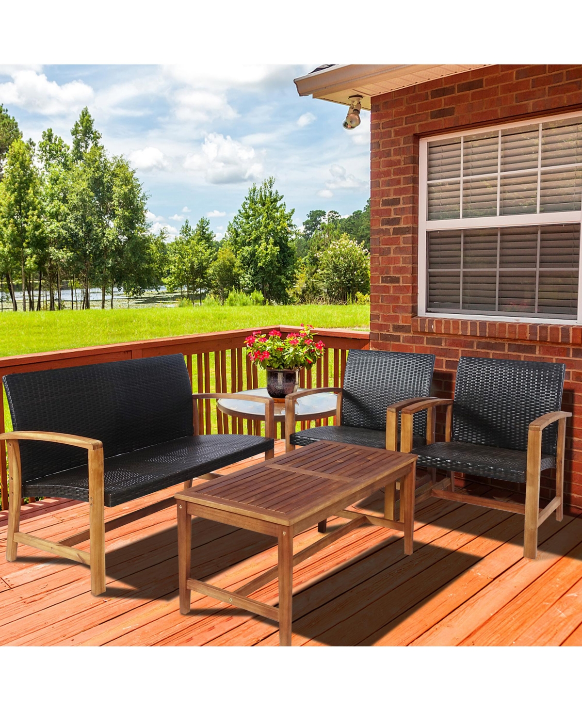 Gymax 4PCS Patio Conversation Set Outdoor Furniture Set w/ Acacia Wood Frame