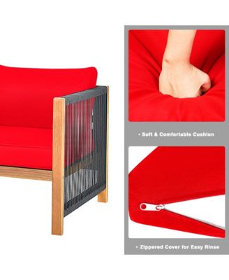 8PCS Acacia Wood Outdoor Patio Furniture Conversation Set W/ Red Cushions