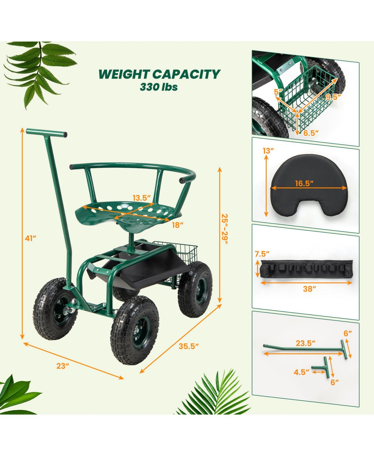 Sugift Rolling Garden Cart with Height Adjustable Swivel Seat and Storage Basket