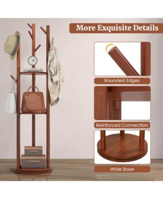 Freestanding Wooden Coat Tree 360&amp;#xB0; Rotary Coat Rack with 3 Display Storage Shelves