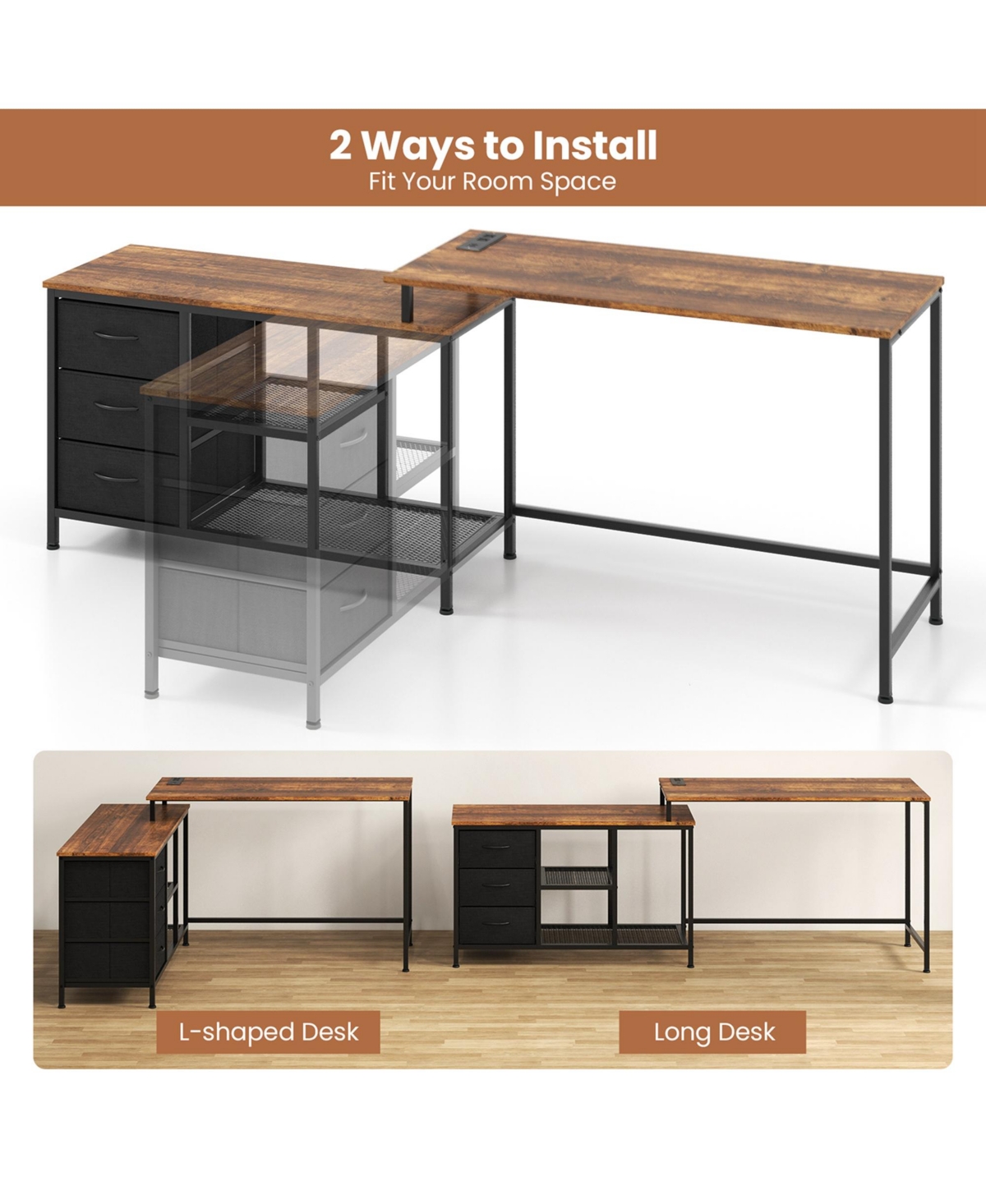 Costway L-shaped Computer Desk with Power Outlet, Fabric Drawers, Metal Mesh Shelves