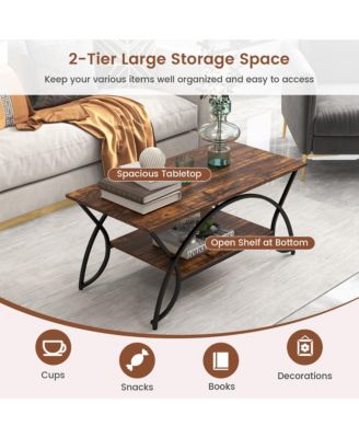 2-Tier Storage Shelf Industrial Coffee Table Rectangular Cocktail Table