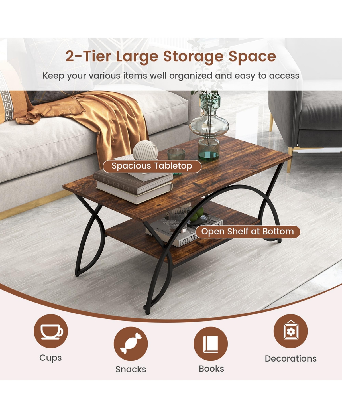 Costway 2-Tier Industrial Coffee Table Rectangular Cocktail Table with Storage Shelf