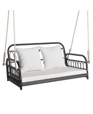 Patio Swing Chair 2-Person Hanging Seat Outdoor Wicker Loveseat Cushioned Porch