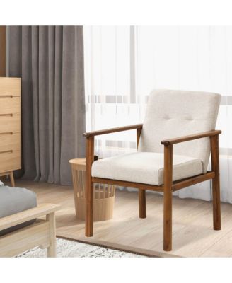 Modern Accent Chair Upholstered Linen Fabric Armchair with Solid Wood Legs