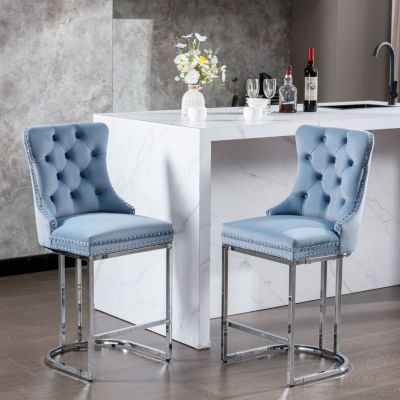 Velvet Bar Stools Set of 2 with Chromed Metal Base Legs