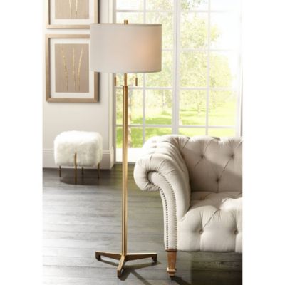 Encino Modern Tripod Floor Lamp Standing 60" Tall Brass Gold Metal Off White Fabric Drum Shade for Living Room Bedroom Office Home