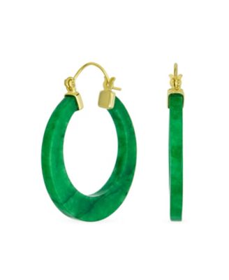 Light Green Jade CZ Hoop Earrings 14K Gold Plated Sterling Silver 1.2 Inch