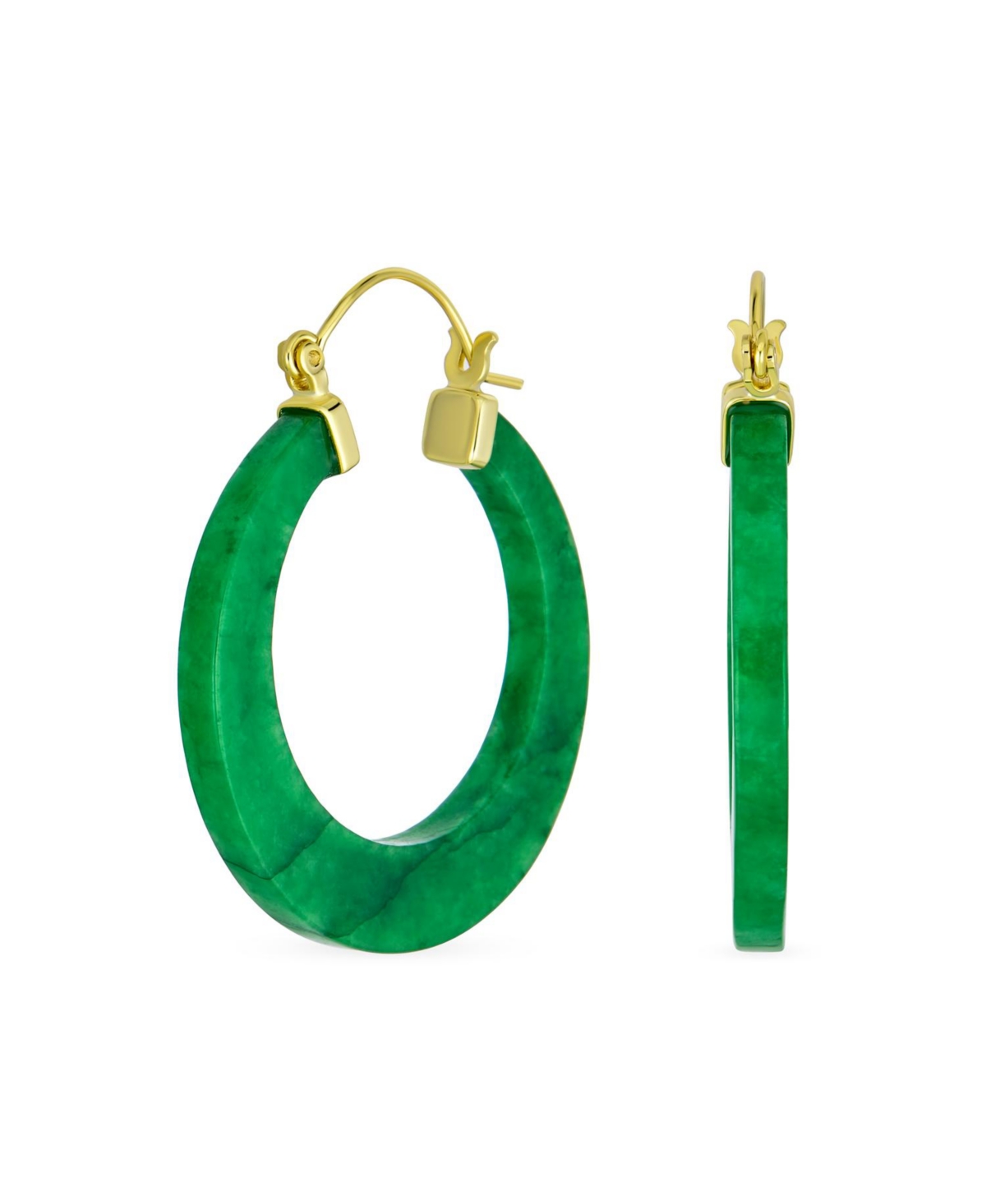 Bling Jewelry Green Jade Green Round Bamboo Natural Jade Hoop Earrings For Women Gold Plated Sterling Silver Diameter