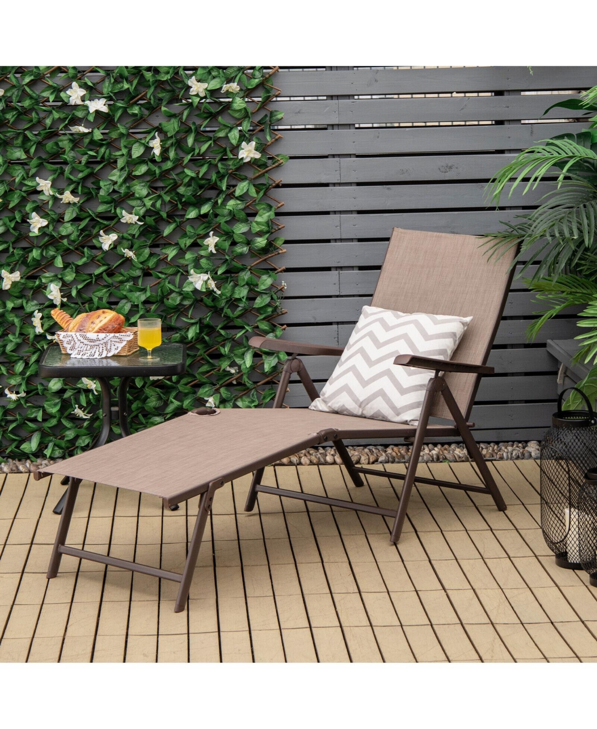 Inolait 2 Pieces Foldable Chaise Lounge Chair with 2-Position Footrest-Brown