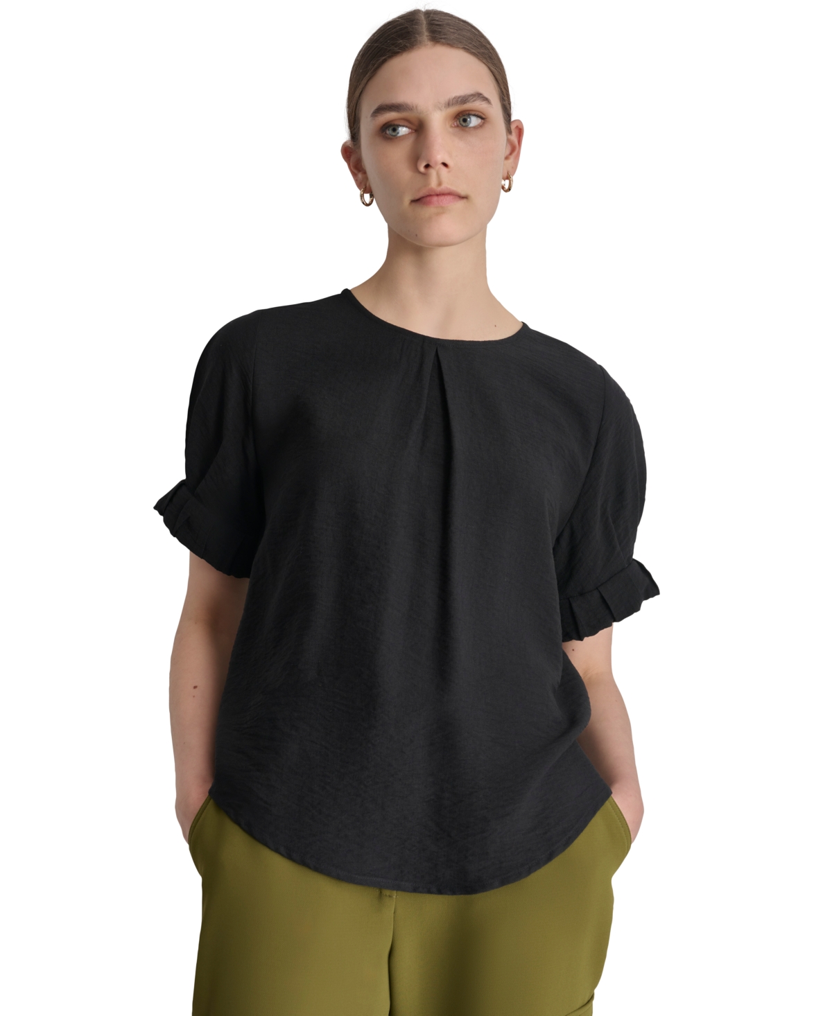 Women's Puff-Sleeve Pleated Blouse - Black