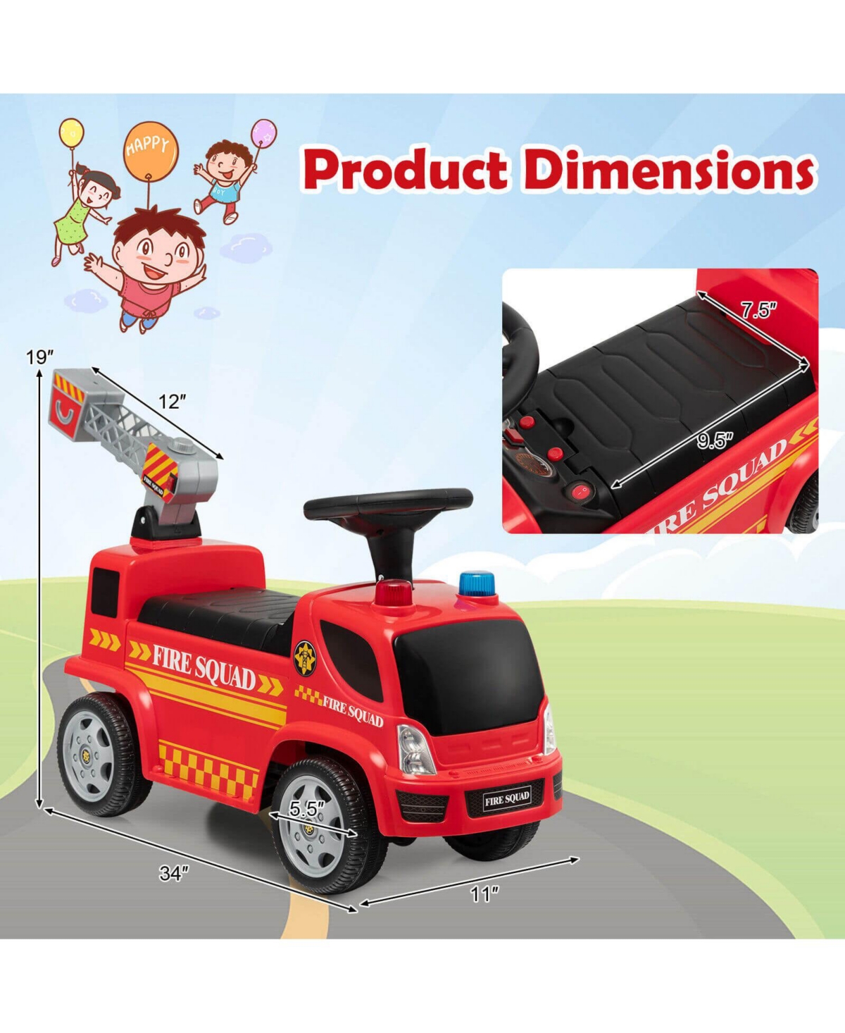 Sugift Kids Push Ride On Fire Truck with Ladder Bubble Maker and Headlights
